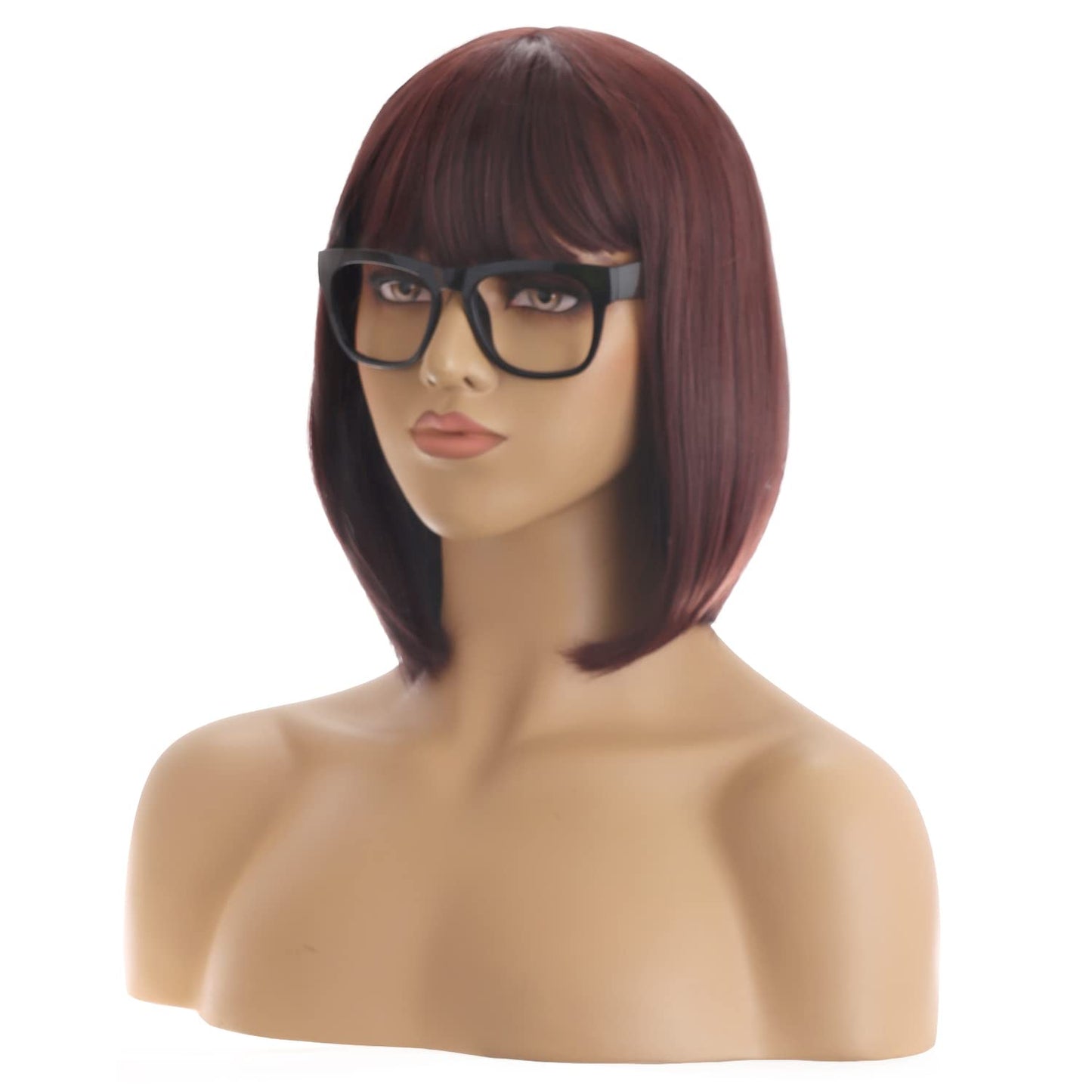 BERON 12 Inches Brown bob Wig with Glasses Short Straight Brown Wig with Bangs for Women Halloween Cosplay or Daily Use Wigs (Brown)