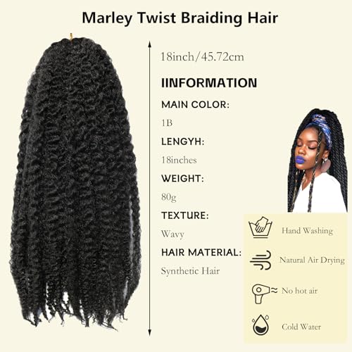 ACCRUE 6 Packs Marley Twist Braiding Hair 16 Inch Marley Hair Crochet Braids Afro Kinky Synthetic Cuban Twist Marley Hair For Twists Braiding Hair Extensions,15 Strands/Pack (16in（6pack）, 1B)