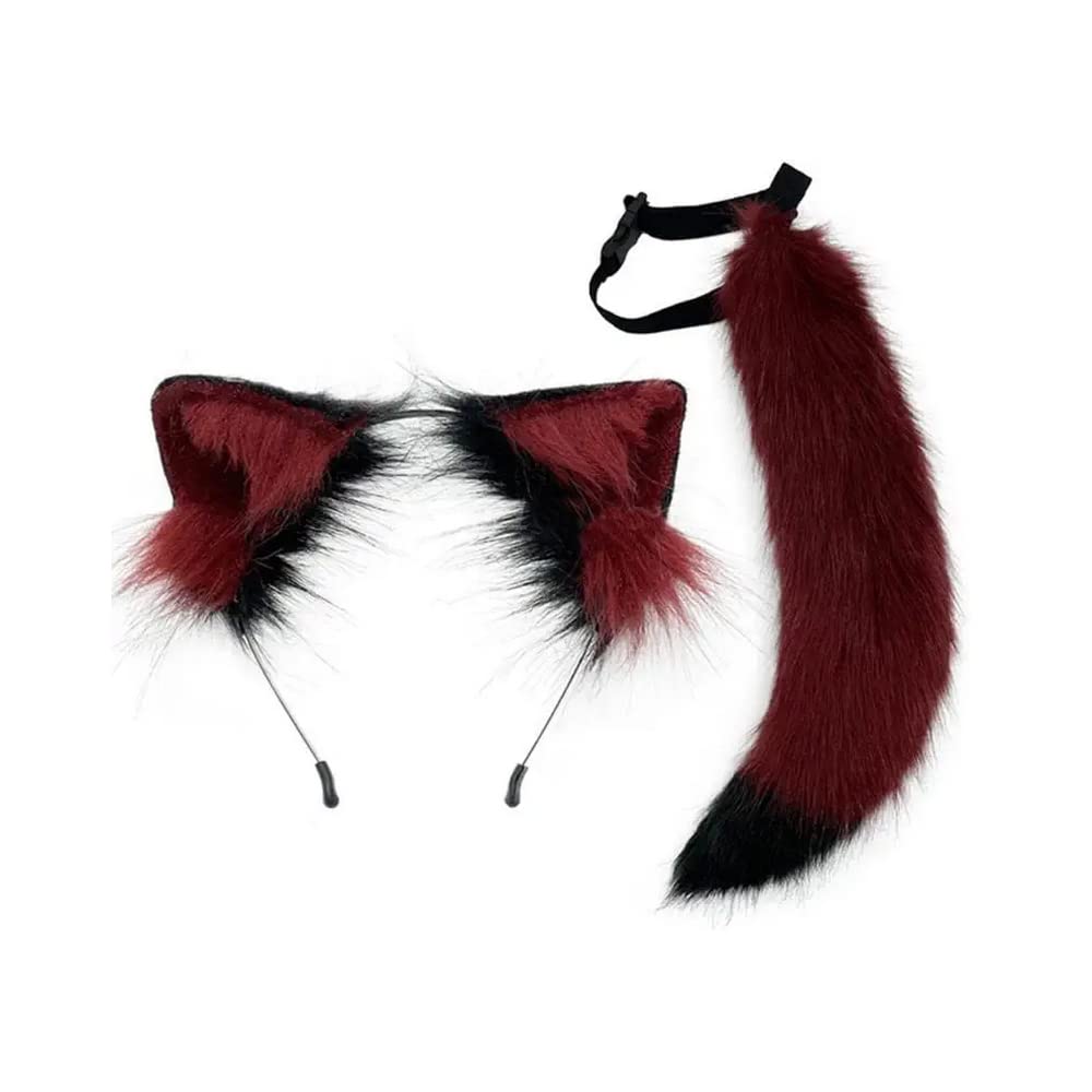 Wolf Ears Headbands Tail Furry Animal Ears Headwear Fox Kitten Cat Hair Hoop for Halloween (Red and Black Ears t)