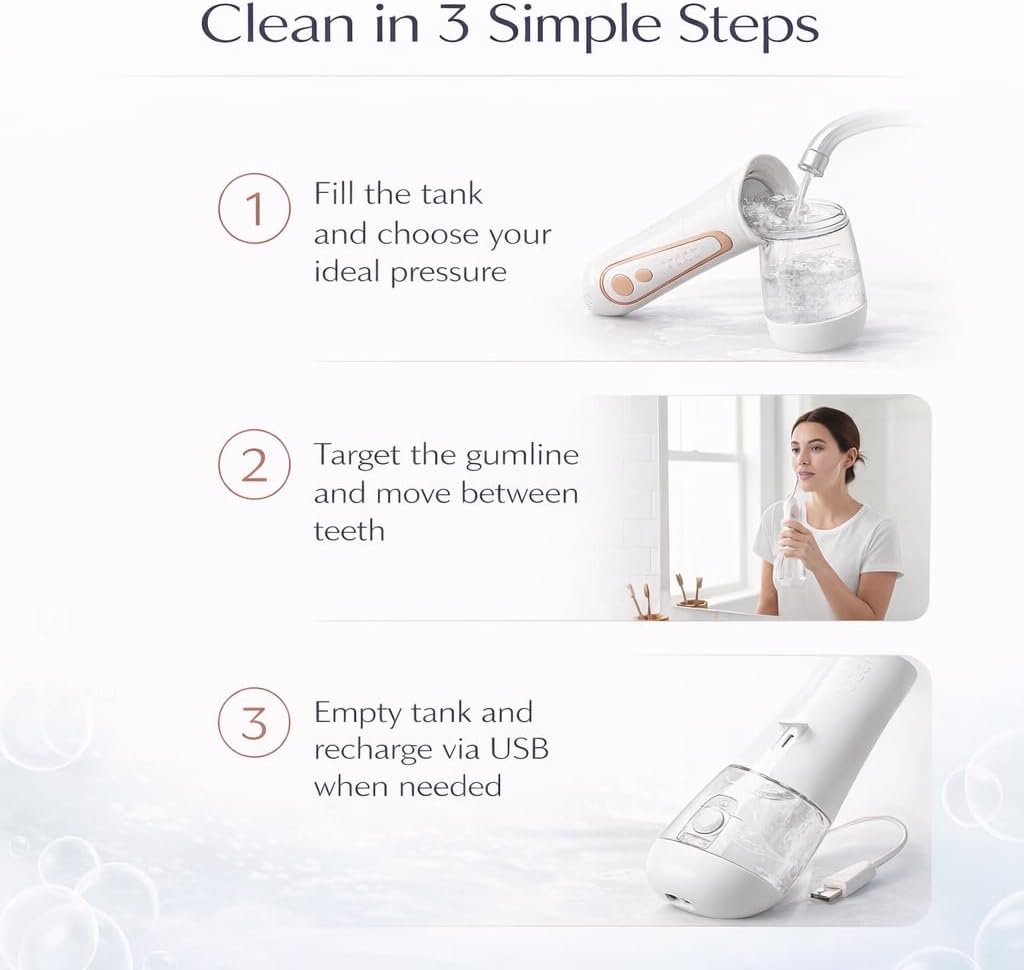 SparkLux Cordless Water Flosser - Portable Oral Irrigator with 5 Pressure Modes, 340ml Tank, USB-C Rechargeable, Waterproof | Ideal for Braces & Gum Care (White/Rose Gold)