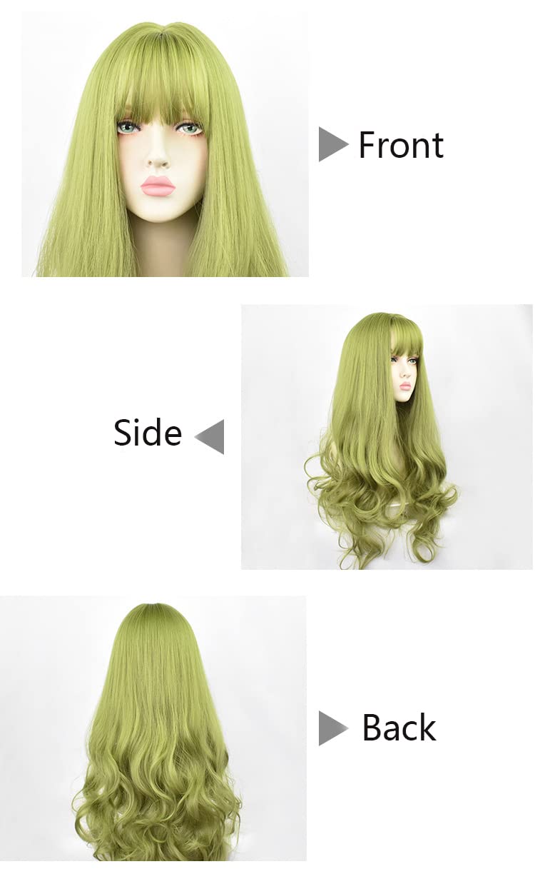 Sharebeauty Synthetic Women Natural Wavy Curly Full Wig with Straight Bangs Green