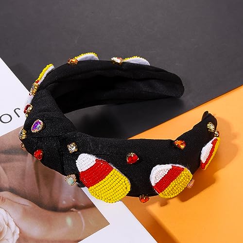 NVENF Halloween Headbands for Women, Rhinestone Crystal Embellished Knotted Headbands, Beaded Pumpkin Ghost Top Knot Headbands Halloween Hair Accessories Party Favors Gifts (Candy Corn)