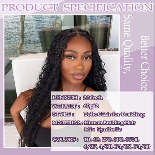 Human Braiding Hair Mix Synthetic Boho Hair for Braiding, 20 Inch Deep Wave Bulk for Boho Braids 2 Pcs Curly Bohemian Wet and Wavy Braiding Hair (1B, 18 Inch)