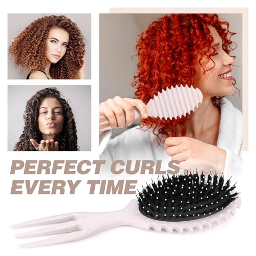 Beige Curl Defining Brush for Curly Hair - Styling and Detangler Brush with Comb for Curly Hair; Includes Bonus Hairstyling Tool; Vegan Fiber and Nylon Faux Boar Bristles to Smooth and Detangle