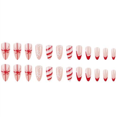 Christmas Press on Nails Short Almond Fake Nails, Xmas Hat Tip Nails Press Ons with White Snowflake Bow Designs Glue on Nails Full Cover False Nails Glossy Acrylic Nails for Women 24Pcs