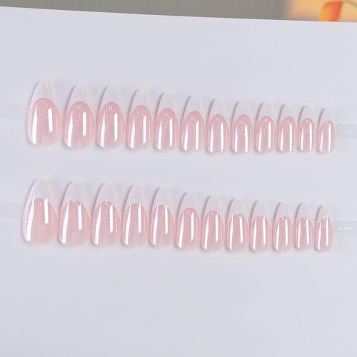 FJSMTOPl Press On Nails - Almond Fake Nails - French Tip False Nails Press ons - Medium Glue on Nails with Chrome Design - for Women Stick on Nail 24Pcs