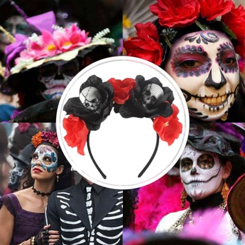 Day of The Dead Headband Halloween Adjustable Flower Garland Headband Flower Crown Hair Wreath Party Decoration Adjustable Bridal Flower Garland Headband Flower Crown Hair Wreath(red and black)