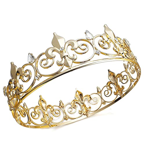 Royal Full King Crown Metal Crowns And Tiaras For Men Cosplay Prom Party Decorations Crown Headpieces Accessories (Gold)