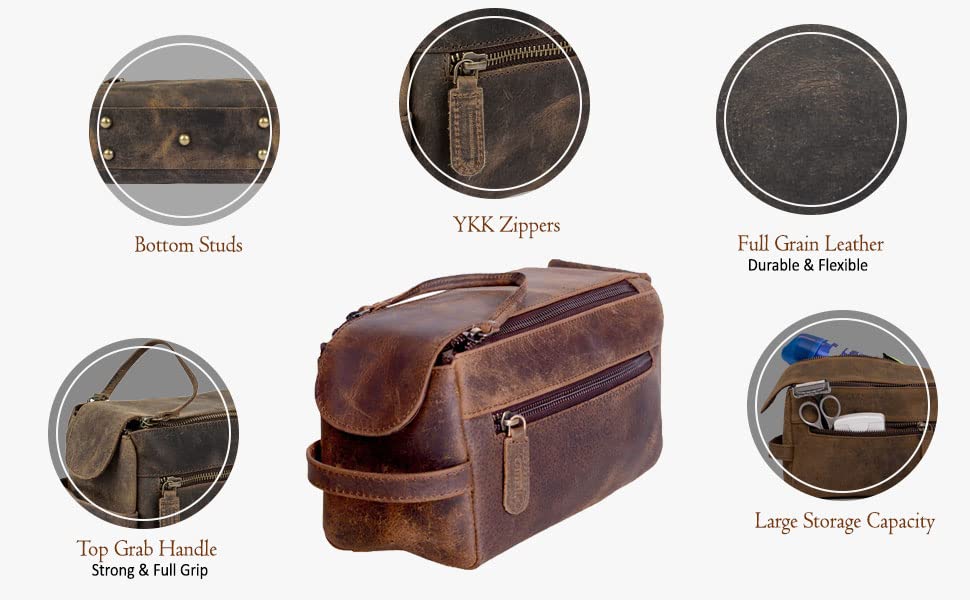 KOMALC Premium Buffalo Leather Unisex Toiletry Bag Travel Dopp Kit