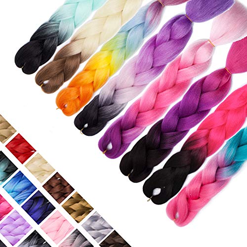 24 Inch Ombre Jumbo Braiding Hair Extensions Jumbo Braid Hair Ombre Long Jumbo Braids For Box Twist Braid Crochet Hair High Temperature Fiber 3 Tone Colored (3 Bundles, Dark Pink to Lake Blue)