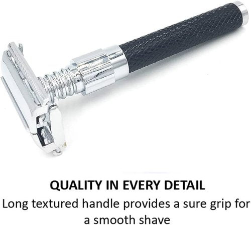 Parker 92R Heavyweight Double Edge Safety Razor - Graphite Gray Long Handle with 5 Premium Blades