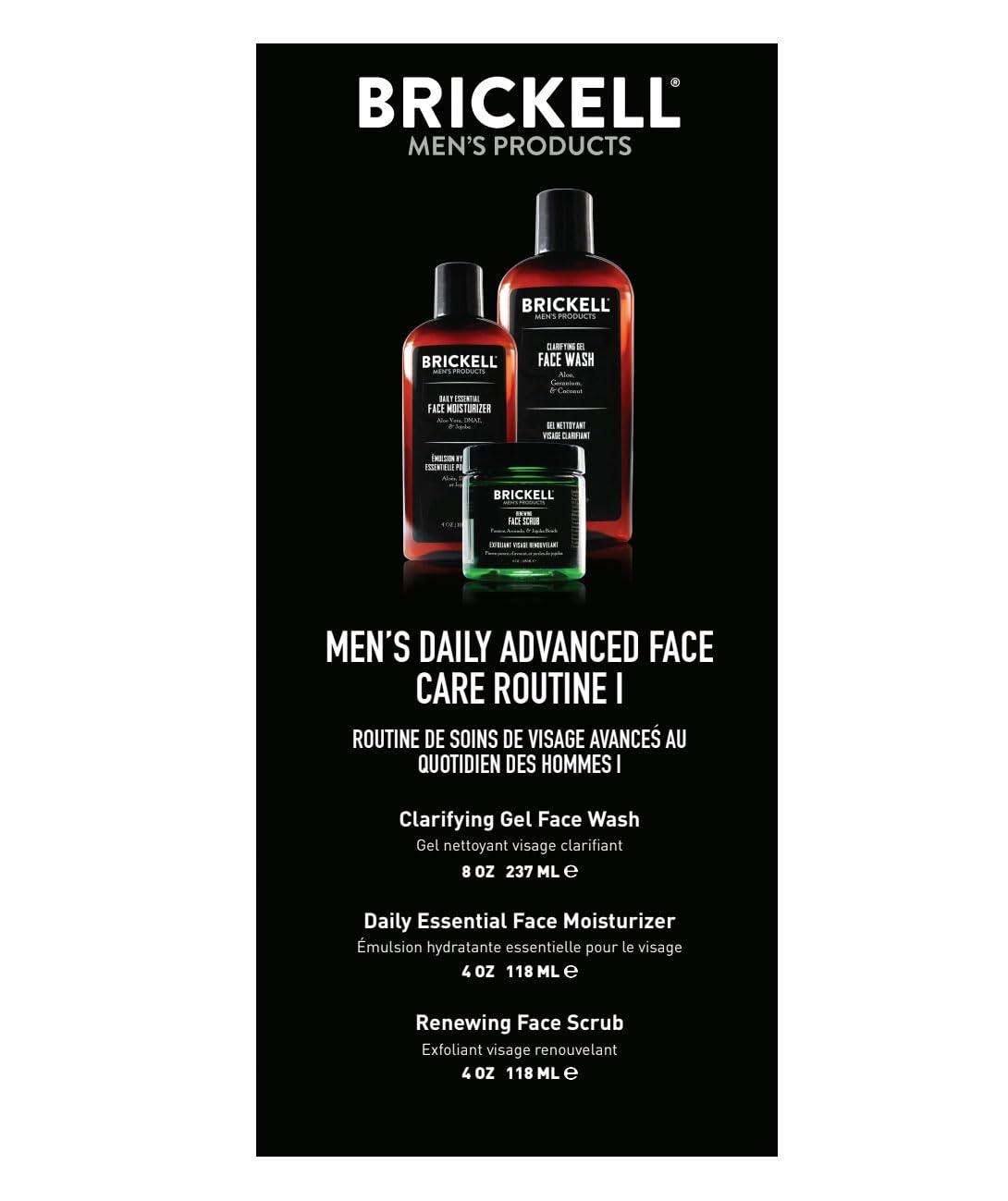 Brickell Men's Products Daily Advanced Face Care Routine - Gel Cleanser, Scrub & Moisturizer Set | Natural & Organic