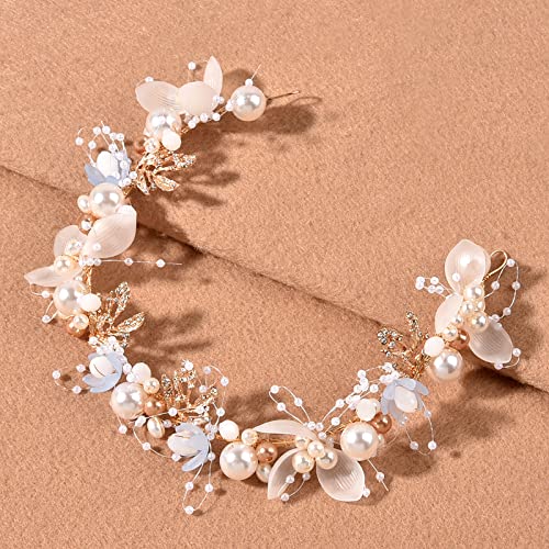 Wedding Hair Accessories for Kids, Flower Girl Hair Accessory, Princess Headpiece White Flower Headband Pearl for Girl and Flower Girls Cute Bridal Wedding Hair Band, Women's Fashion Headbands (Gold)