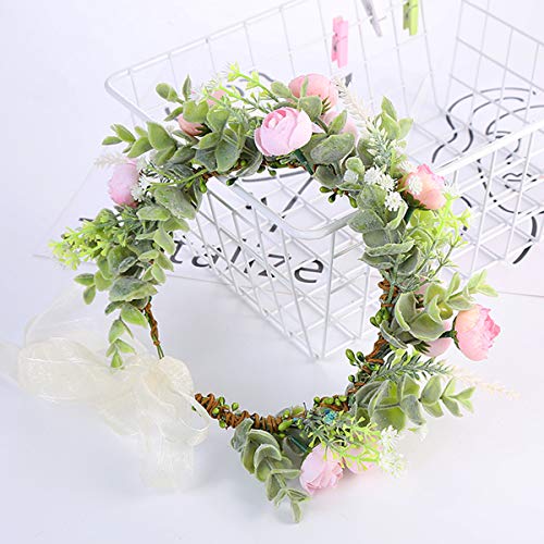 YnimioAOX Handmade Adjustable Flower Wreath Headband Halo Floral Crown Garland Headpiece,I22-baby pink