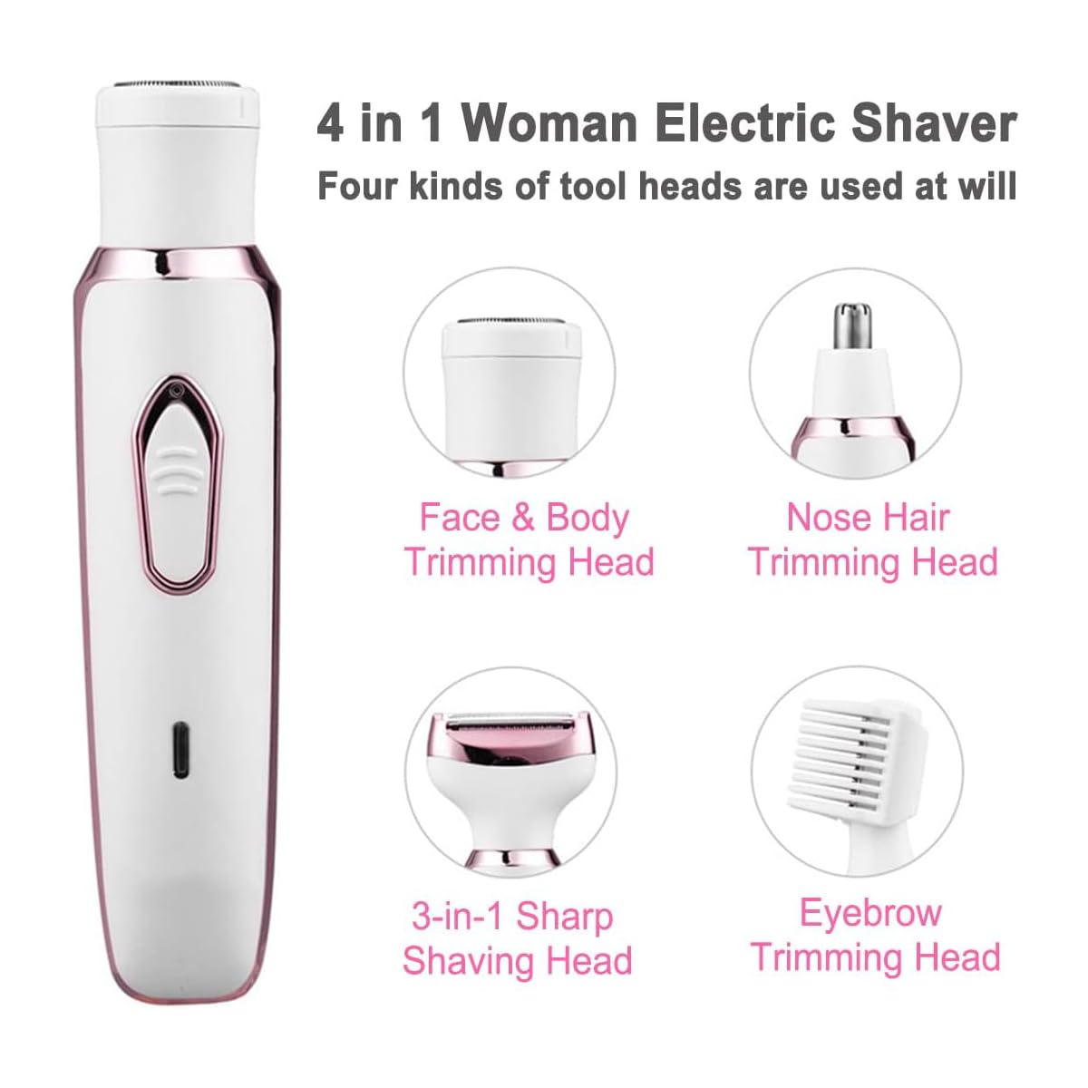 Bikini Trimmer for Women, Electric Razor Hair Shaver for Face Nose Eyebrow Beard Mustache Arm Leg Armpit Bikini, Replaceable Lady Facial Razor, Painless Rechargeable 4 in 1 Women Body Shaver for Trip