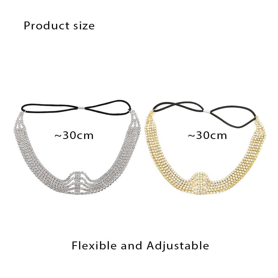 JEAIRTS Rhinestone Head Chain Forehead Bridal Headband Elastic Crystal Hair Band Halloween Prom Hair Jewelry for Women and Girls (2-Gold)