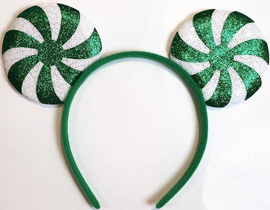 CLGIFT Mickey Minnie Ears Headband - Black Silver Disney Ears Without Bow for Boys, Bulk Christmas Green Peppermint Design