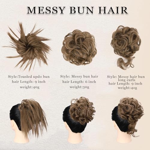 SHUHAOT 3 Pieces Messy Bun Hair Piece Tousled Updo Bun Hair Scrunchies Extension Ponytail Curly Wavy Updo Hair Bun Synthetic Chignon for Women Girl