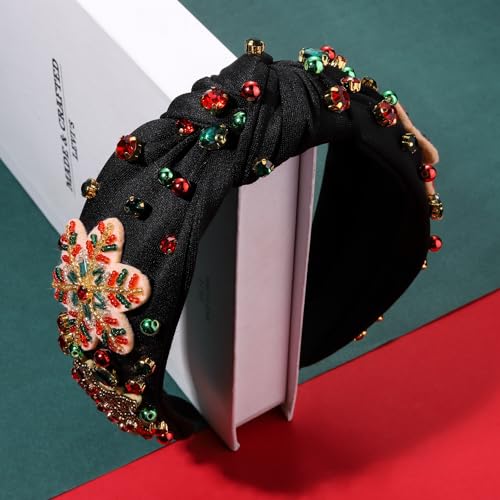 HSWE Christmas Headband for Women Xmas Tree Bow Snowflake Crystal Knotted Headband Red Green Rhinestone Jeweled Embellished Wide Top Knot Hairband Funny Festive Party Gifts (Beaded Snowflake Deer)