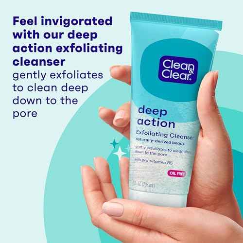 Clean & Clear Deep Action Exfoliating Facial Cleanser, Scrub & Face Wash, Pro-Vitamin B5, Lactic & Glycolic Acids, Oil-Free Gentle Daily Exfoliator for Soft, Smooth, Hydrated Skin, Vegan, 7 Fl Oz Tube