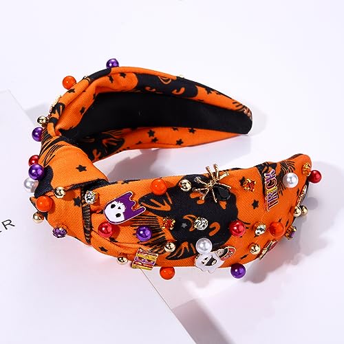 Halloween Headband Purple Spooky Beaded Knotted Headband for Women Sparkle Pearl Rhinestone Pumpkin Spider Bat Skeleton Ghost Charm Wide Knot Headpiece Orange Cat Star Print Hairband Halloween Party