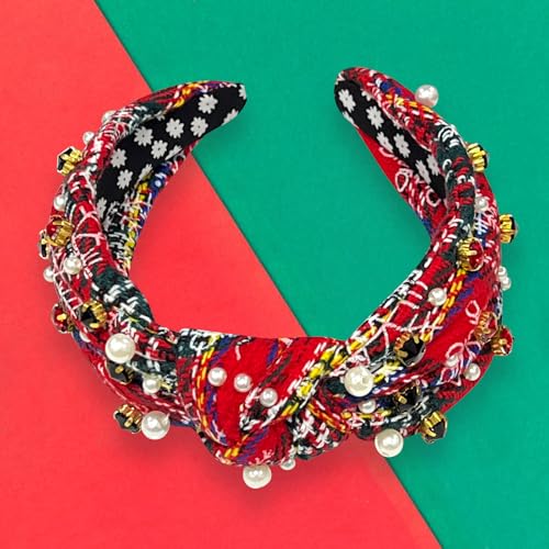 Yoolhamy Christmas Headband for Women Braided Crystal Jeweled Hair Band Xmas Plaid Top Knotted Rhinestone Headbands