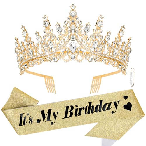 CURASA Birthday Sash and Crown Gold Birthday Sash for Women Birthday Crown adult Women Giltter Its My Birthday Sash Birthday Tiara for Women Girls Princess Crown Birthday Decoration Party Favors Gifts