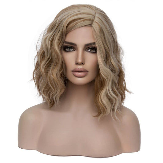 MAGQOO Blonde Brown Wig Side Part Short Curly Wavy Bob Wig Dirty Blonde Hair Wigs Brown Highlight Wig Synthetic Heat Resistant Cosplay Costume Party Wigs