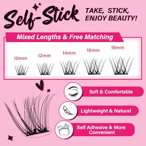 Self Adhesive Eyelashes 48Pcs Lash Clusters Press On Lashes Self Stick Cluster Lashes Pre Glued Eyelash Clusters No Glue No Remover Needed Easy to Apply Save Time (Begonia,D-10-18mix)