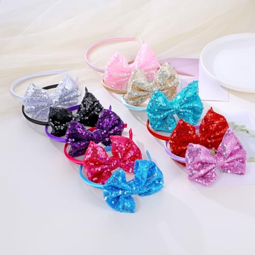 Kiszu Sparkly Sequin Hair Bow Headbands Fashion Glitter Cute Boutique Ribbon Bows for Girls, Kids, and Women (Dark Purple,Black)