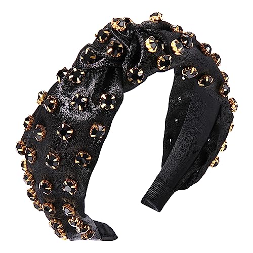 ZITULRY Crystal Knotted Headband for Women Sparkle Rhinestone Jeweled Embellished Top Knot Hairband Solid Color Wide Turban Hair Hoop Hair Accessories for Girls Ladies