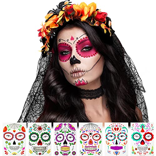 Day of The Dead Headband Halloween Mexican Veil Spider Headband with Halloween Face Tattoo Temporary Face Sticker (Bright Style)