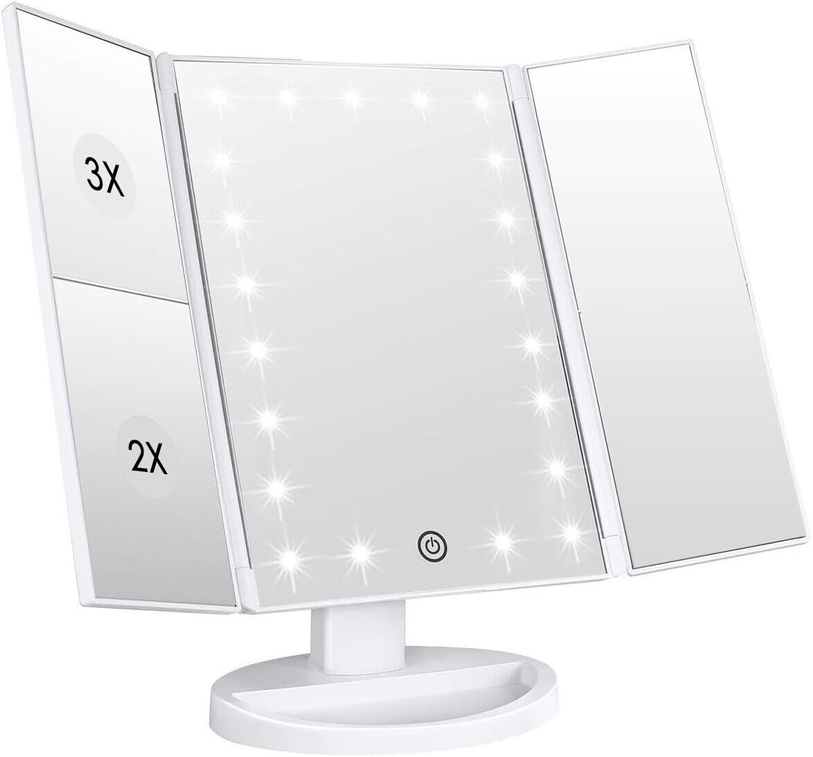 WEILY Makeup Vanity Mirror with 21 LED Lights and Touch Screen, Tri-Fold 1x 2X 3X Magnification,180° Adjustable Rotation and USB Powered,Countertop Cosmetic Mirror (White)