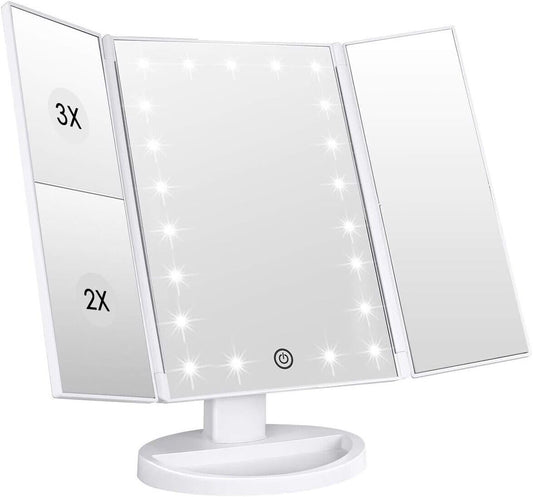 WEILY Makeup Vanity Mirror with 21 LED Lights and Touch Screen, Tri-Fold 1x 2X 3X Magnification,180° Adjustable Rotation and USB Powered,Countertop Cosmetic Mirror (White)