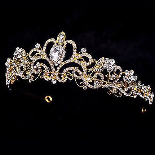 Quinceanera Princess Crown for Adult Rhinestone Tiara Birthday Bridal Pageant (Gold)