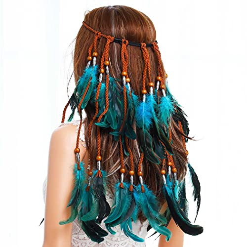 Gangel Hippe Feather Headband Gradient Blue Color Headpieces Boho Headbands Gypsy Hairband Feather Tassel Headdress Hemp Rope for Festival Masquerades Carnival Costume Hair Accessory for Women