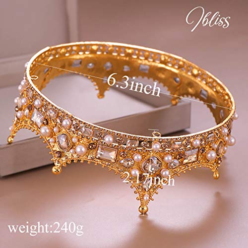 Ibliss Gold Wedding Crowns Baroque Rhinestone Pearls Bride Tiaras Queen Bridal Headpieces for Women and Girls