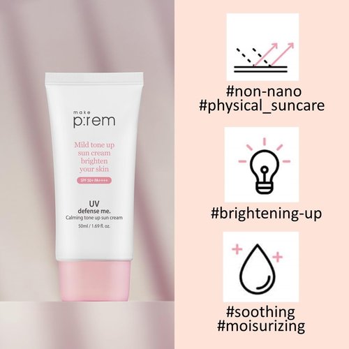 MAKE P:REM UV Defense Me - Calming Tone Up Sunscreen SPF 50 | Non-Nano Zinc Oxide, Reef Safe, 1.69 fl. oz.