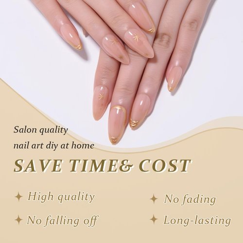 evpct Gold French Tip Press on Nails Almond Medium, Nude Pink + Gold Line Tips, Stick on Nails Medium Almond for Women, Full Cover Perfectly Fit Handmade Soft Gel Artificial Fake False Nail Kit