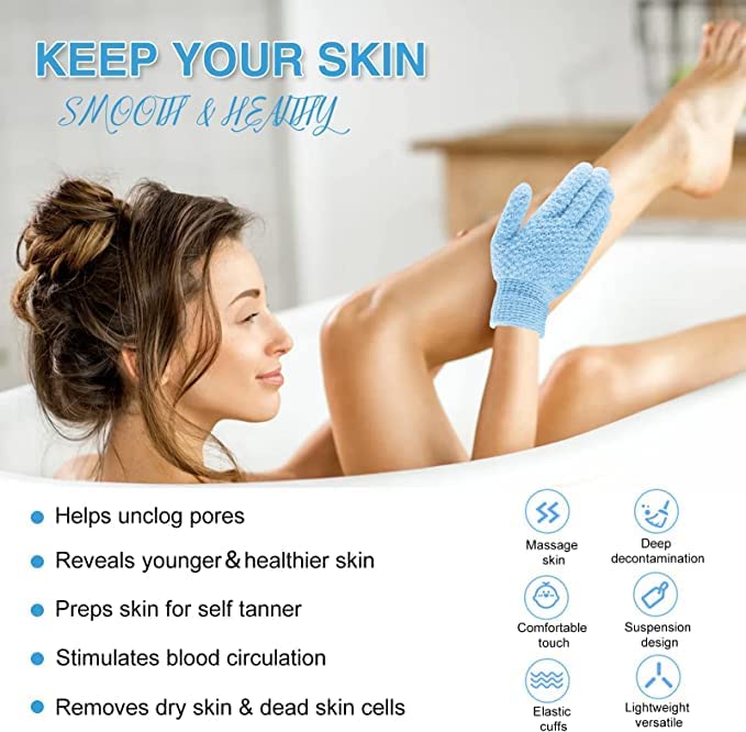 Yiclick Heavy Exfoliating Gloves, Exfoliating Body Scrubber for Bath Shower Exfoliation, Body Scrub Exfoliator for Dead Skin Remover, Exfoliate Sponge Loofah Washcloth Mitt Men Women (4Blue)