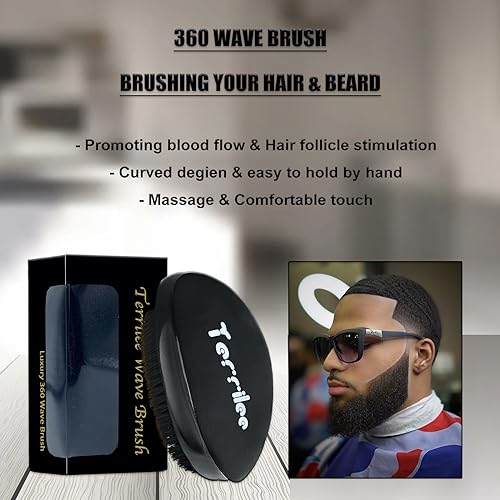 Terrilee Palm Wave Brush - 360 Curved Beech & Medium Hard Boar Bristles for Black Men's Wave Hairstyling (Black with box)