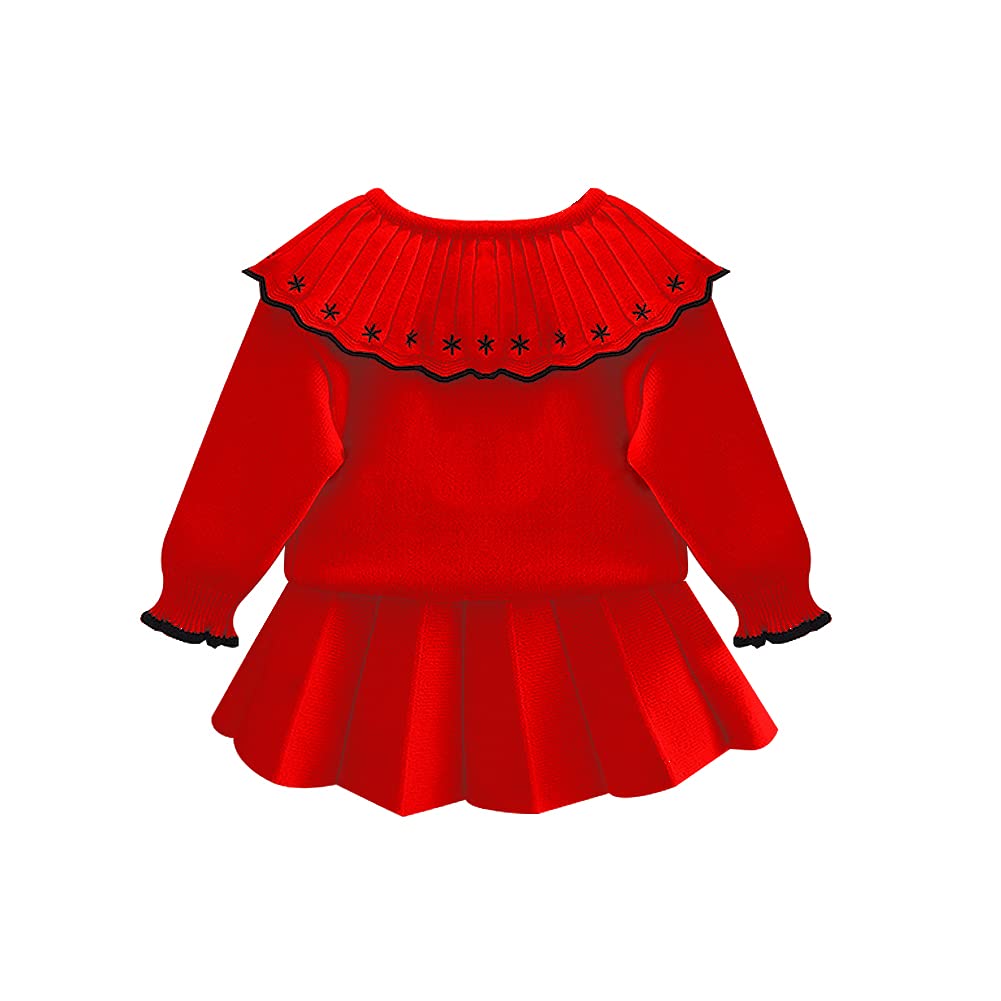 Toddler Baby Girls Autumn Winter Fall Clothes Knit Long Sleeve Ruffle Sweater Top+Pleated Mini Tutu Skirt 2pcs Outfit for Kids Princess Casual Playwear Homewear Clothing Set Red-Black 5-6X