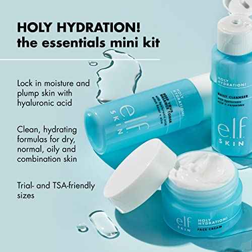 e.l.f. Skin Holy Hydration! The Essentials Mini Kit, Cleanser, Toner & Moisturizer for Hydrated & Balanced Skin, TSA-Friendly Sizes