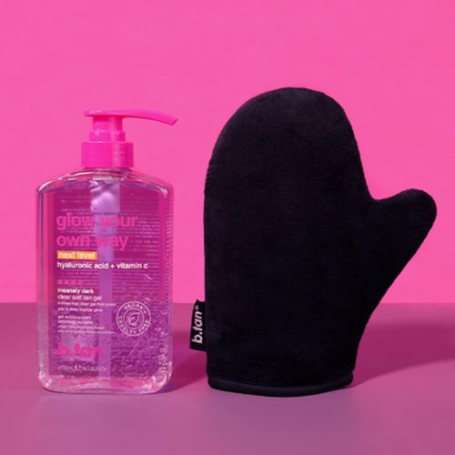 b.tan Insanely Dark Clear Self Tanning Gel with Mitt Kit | Glow Your Own Way Next Level Bundle - Quick Express Tanner for Face and Body with Applicator, Transfer-Proof, No Fake Tan Smell, 16 Fl Oz