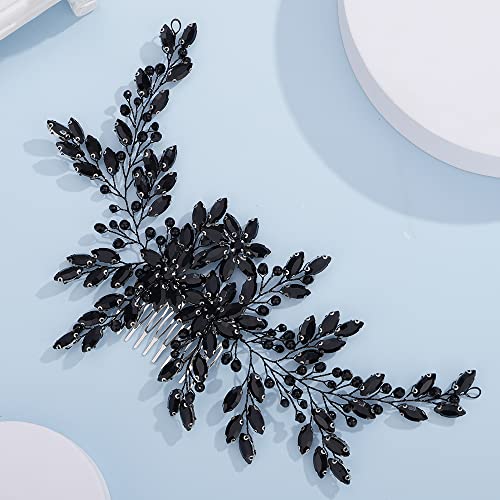 Teyglen Women Dainty Large Black Rhinestones Flower Crystal Pearls Bride Wedding Hair Comb Headband Luxurious Hair Accessories Shiny Black Rhinestones Crystals Bridal Side Hair Combs for Women Bride Girls (Black)