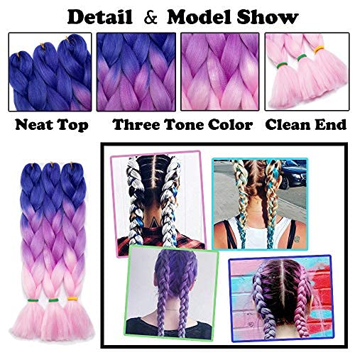 24 Inch Ombre Jumbo Braiding Hair Extensions Jumbo Braid Hair Ombre Long Jumbo Braids For Box Twist Braid Crochet Hair High Temperature Fiber 3 Tone Colored (3 Bundles, Dark Pink to Lake Blue)