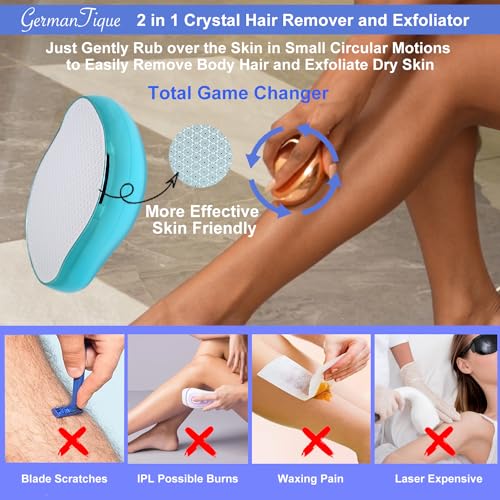 Germantique Crystal Hair Eraser,Natural Crystal Hair Remover,Reusable Painless Nano Glass Hair Removal Device Without Shaver,Gentle Crystal Epilator and Exfoliator for Soft Silky Skin(Light Blue)