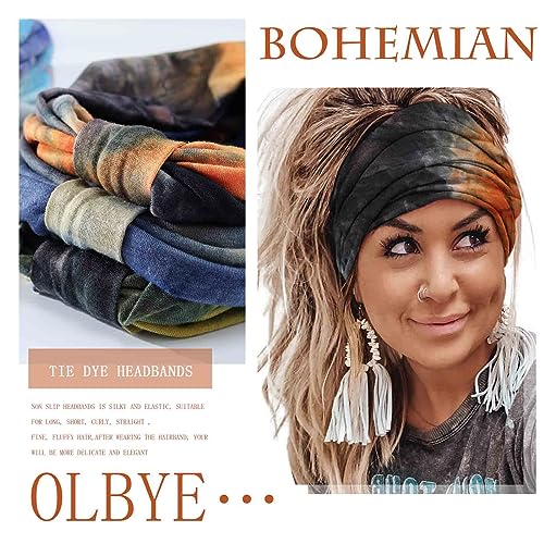 Olbye Headbands for Women Wide Boho Hairbands Knotted Turban Headband Tie Dye Non Slip Elastic Head Bands Floral African Workout Head Wraps Solid Color Yoga Sweatband Cotton Head Scarfs Bohemian Hair