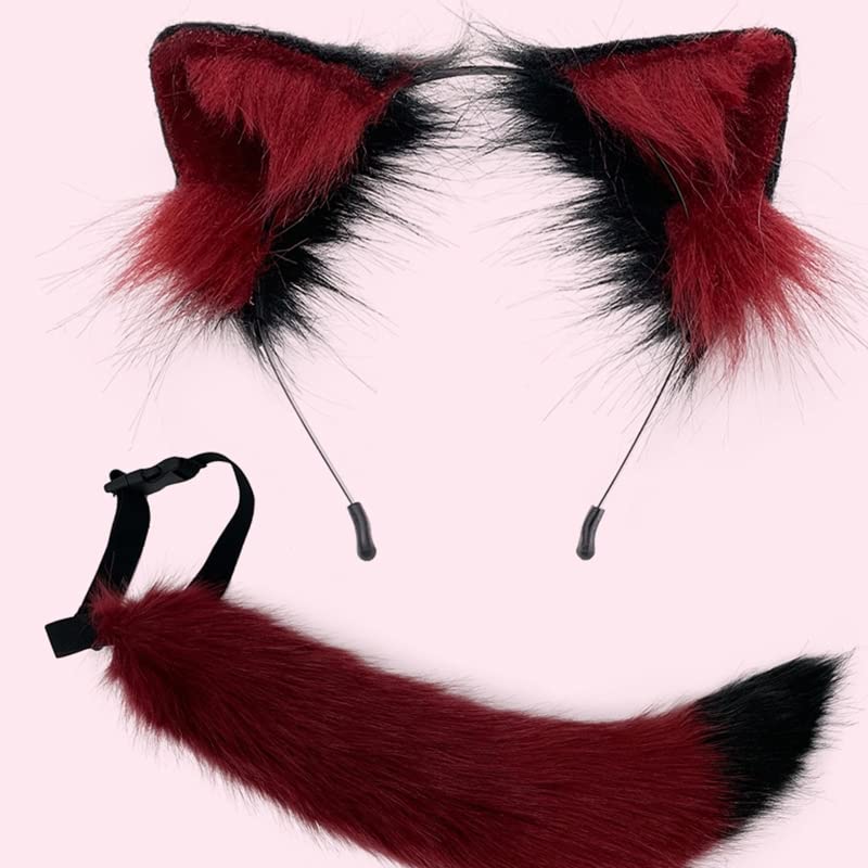 Wolf Ears Headbands Tail Furry Animal Ears Headwear Fox Kitten Cat Hair Hoop for Halloween (White Ears Tail)