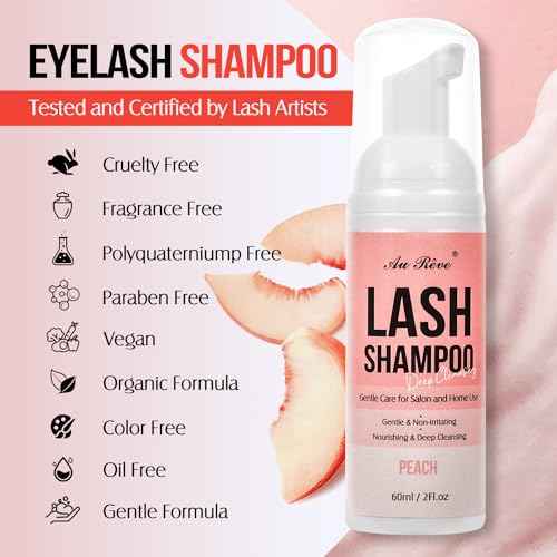 Lash Shampoo for Lash Extensions 60 Ml/2fl.oz Eyelash Extension Cleanser Oil Free Lash Cleanser for Eyelash Care, Gentle Foaming Eyelash Shampoo with Brush for Salon Home Care (Peach 60ml)